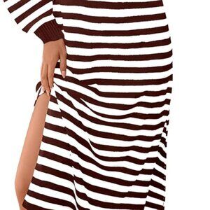 Womens Striped Knit Sweater Dress Casual Long Sleeve V Neck Collared Midi